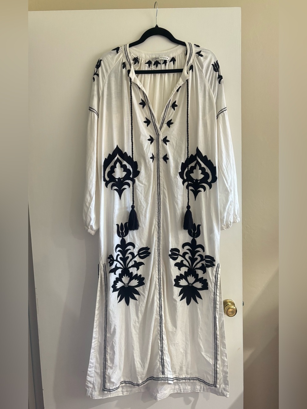 Zara Embroidered White Maxi Dress with Black Motif